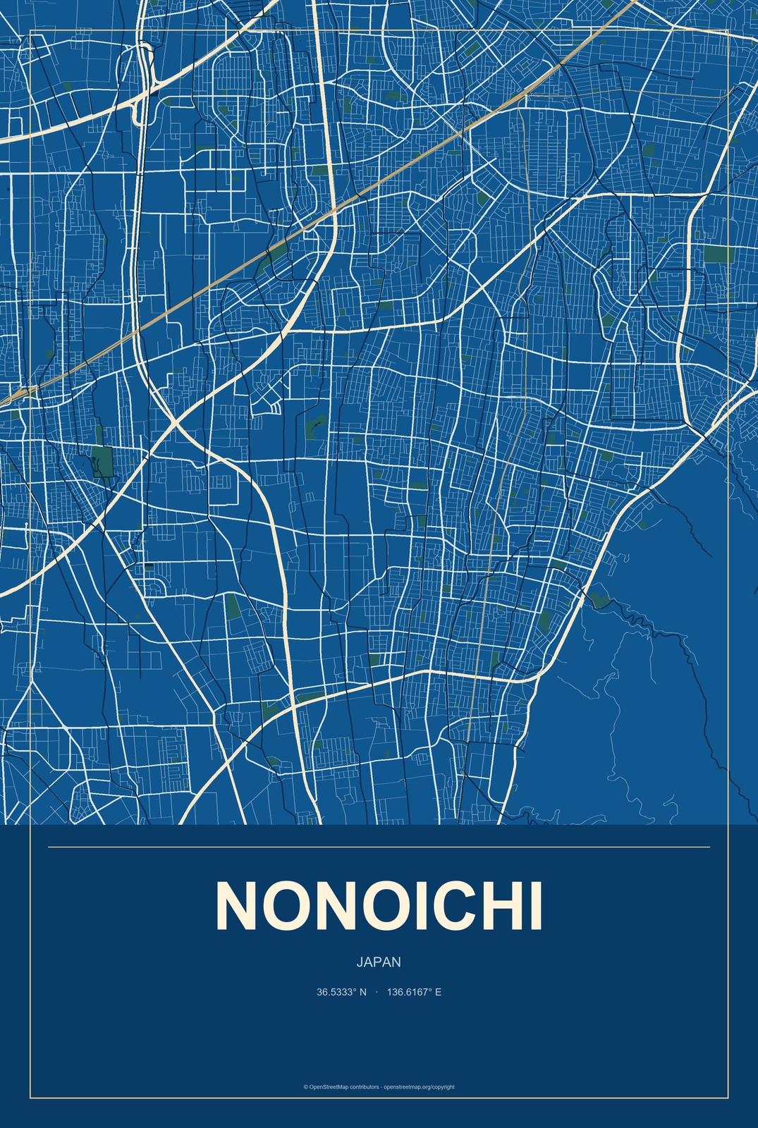 Nonoichi, Japan City Map Aluminum Sign in Harbor Cobalt style