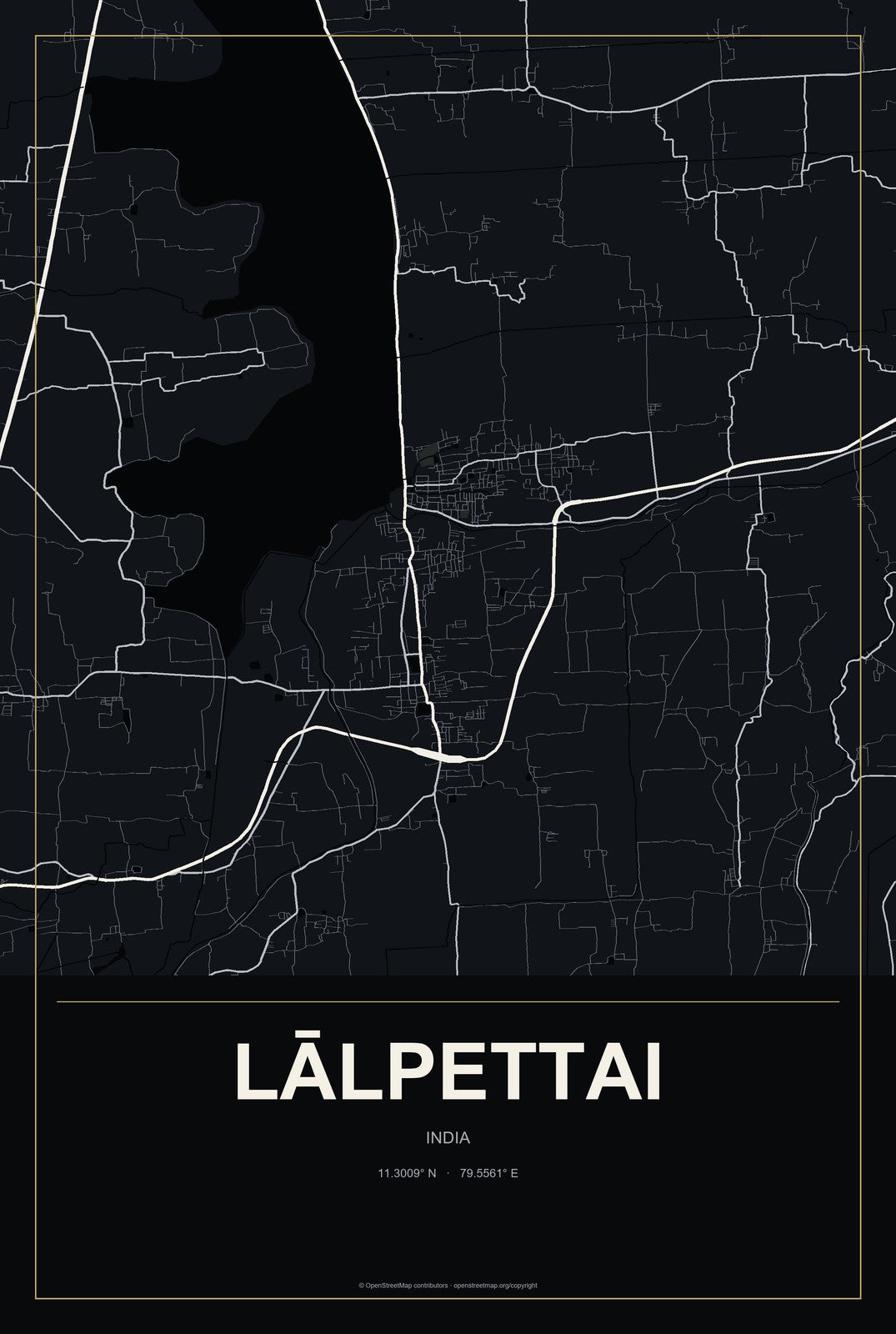 Lālpettai, India City Map Aluminum Sign in Metropolitan Noir style