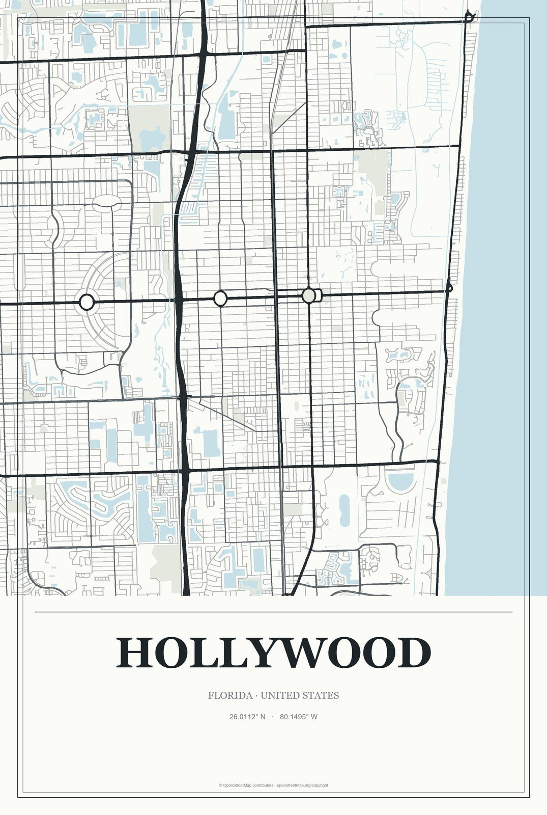 Hollywood, Florida City Map Aluminum Sign in Gallery Air style