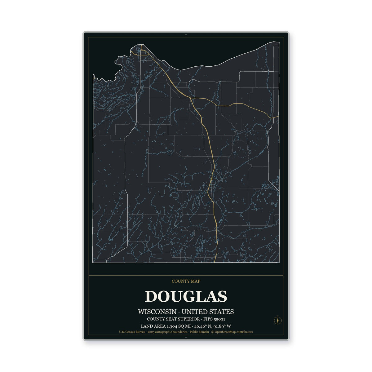 Douglas County, Wisconsin Map Aluminum Sign in Metropolitan Noir style