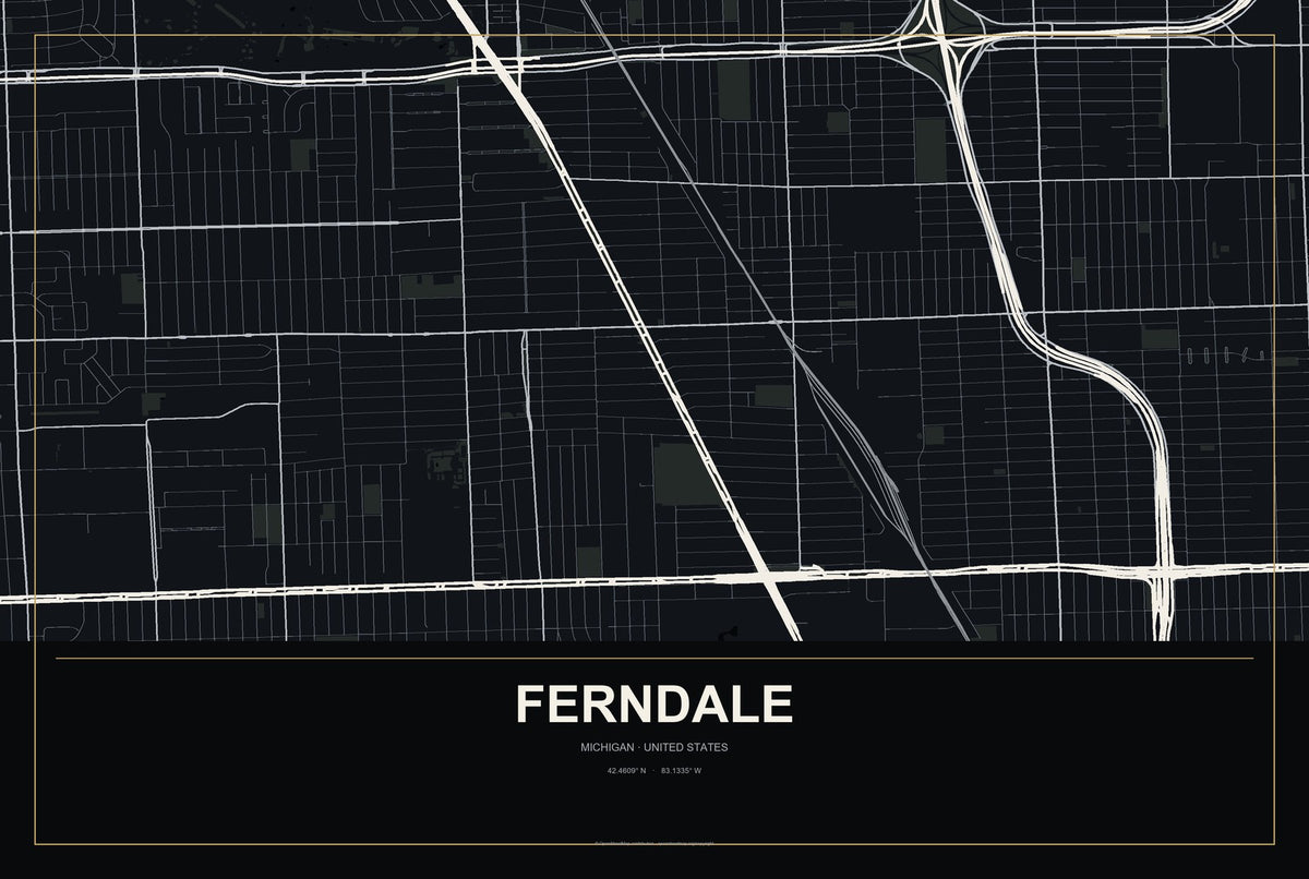 Ferndale, Michigan City Map Aluminum Sign in Metropolitan Noir style