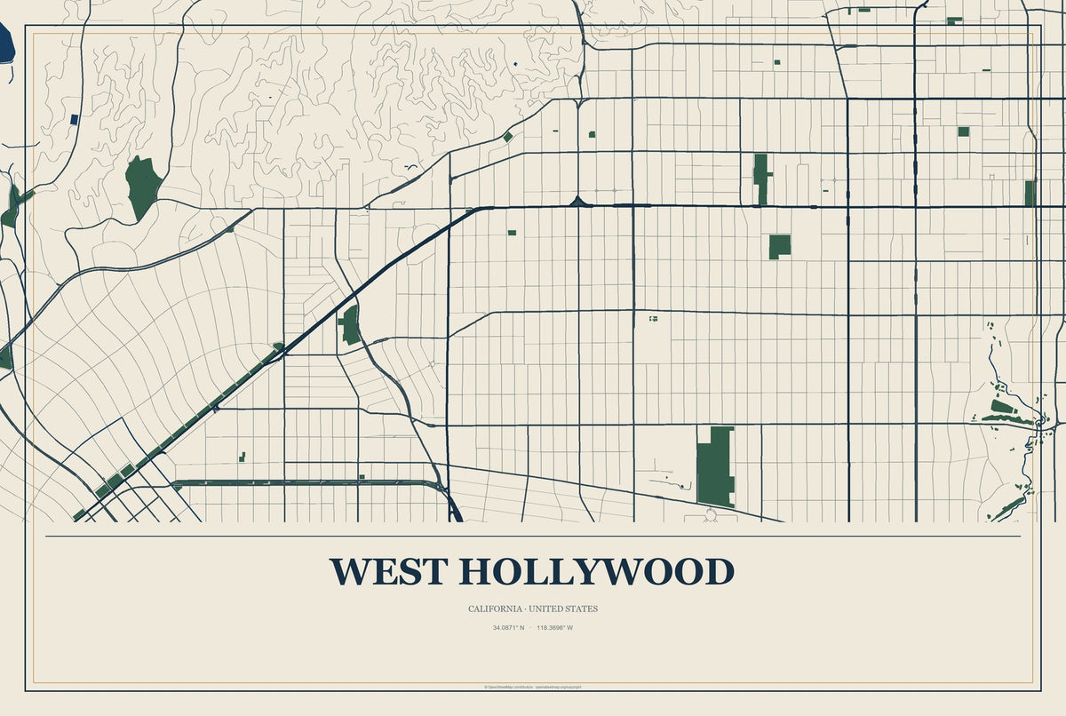 West Hollywood, California City Map Aluminum Sign in Coastal Cutout style