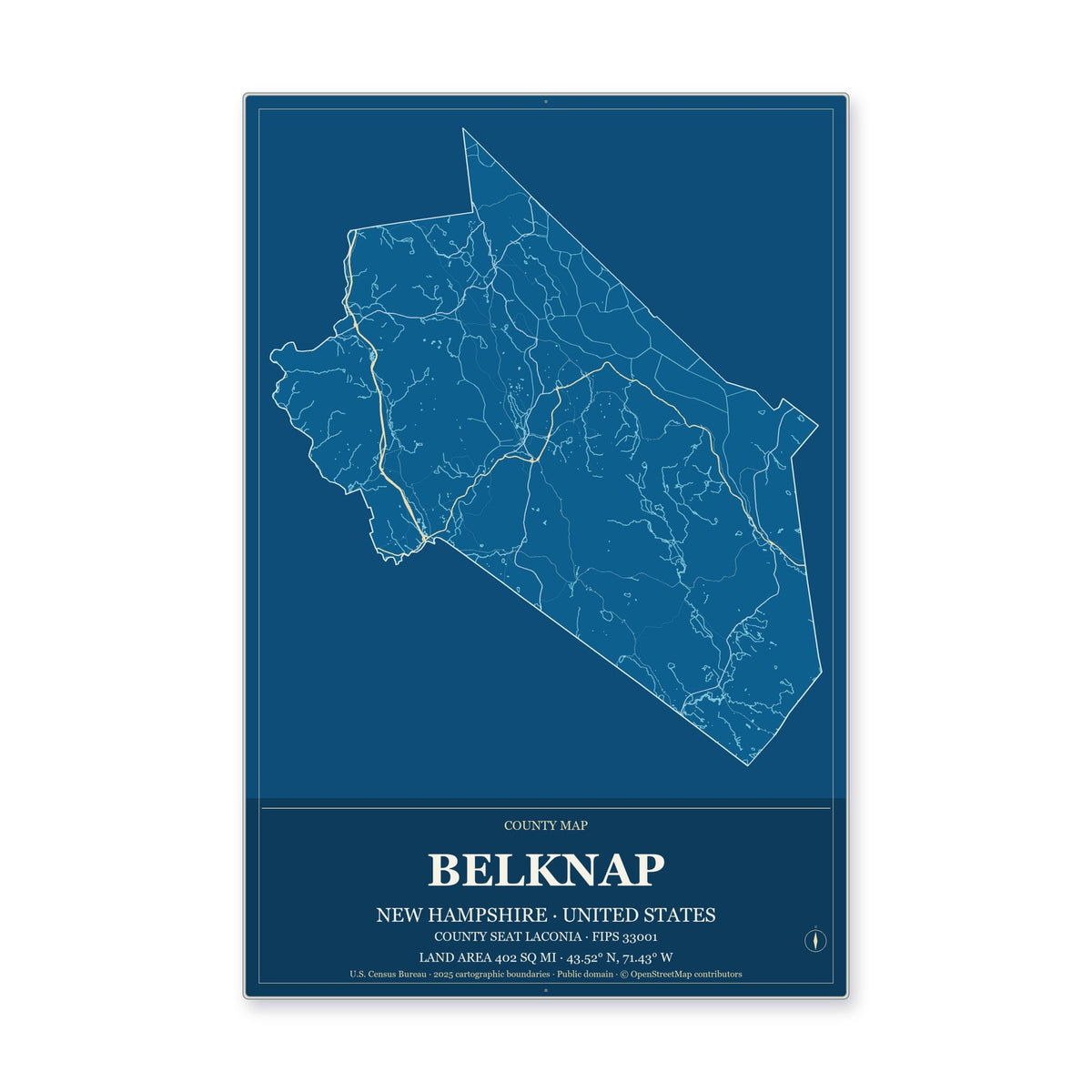 Belknap County, New Hampshire Map Aluminum Sign in Harbor Cobalt style