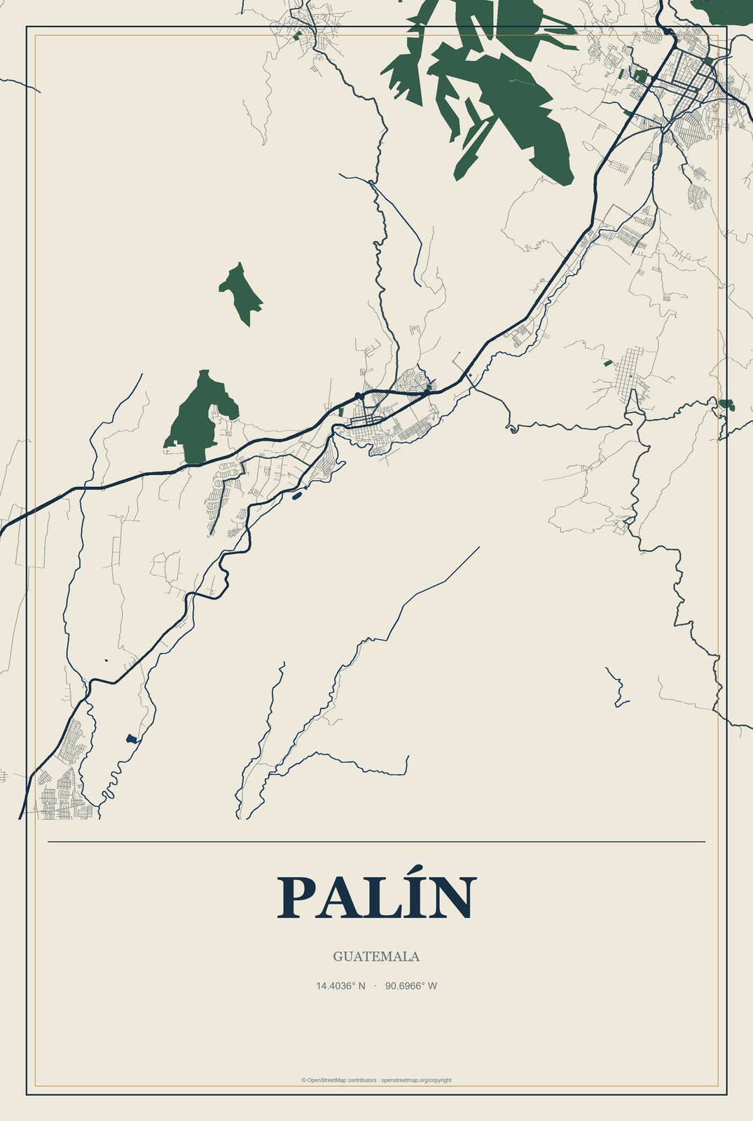 Palín, Guatemala City Map Aluminum Sign in Coastal Cutout style