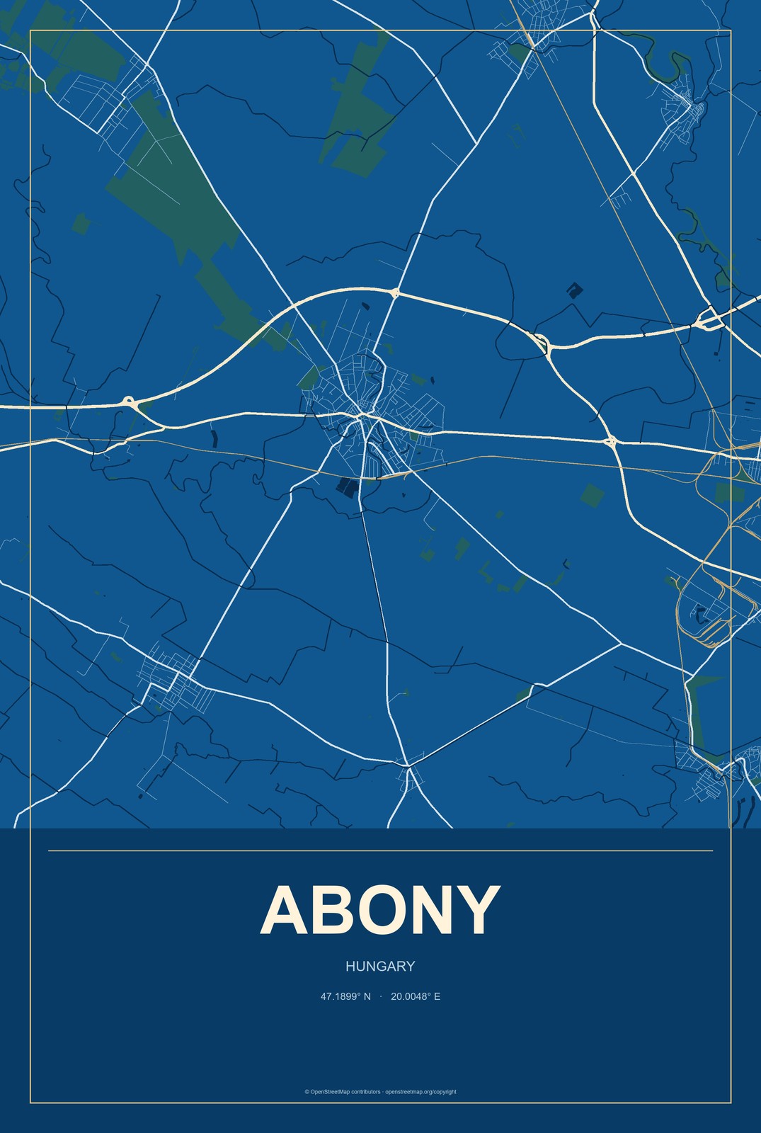 Abony, Hungary City Map Aluminum Sign in Harbor Cobalt style