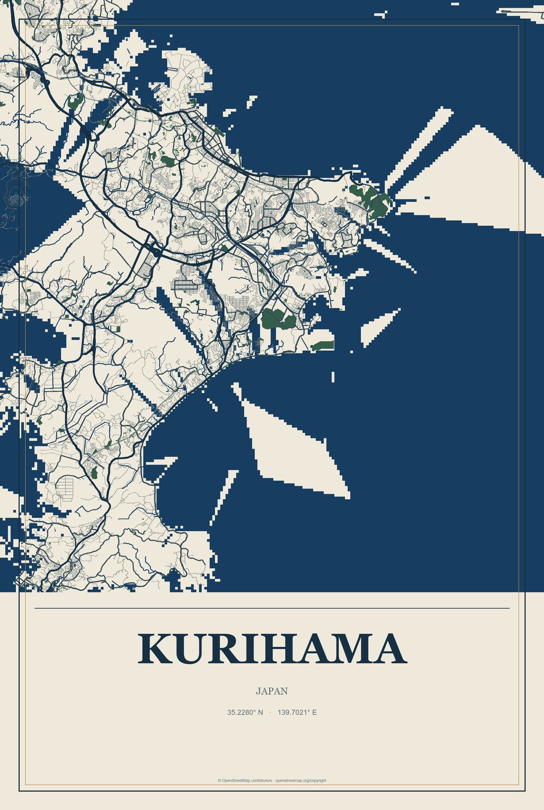 Kurihama, Japan City Map Aluminum Sign in Coastal Cutout style