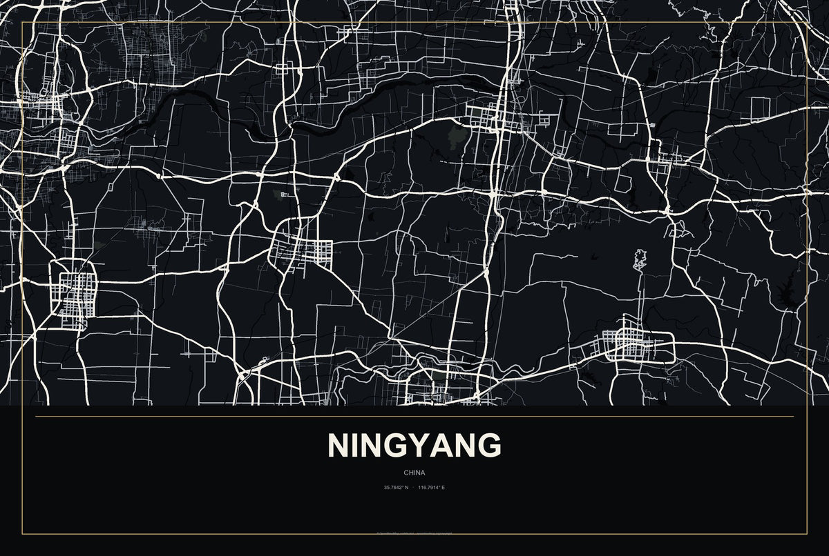 Ningyang, China City Map Aluminum Sign in Metropolitan Noir style