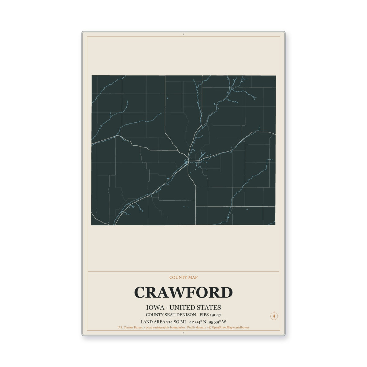 Crawford County, Iowa Map Aluminum Sign in Headline Atlas style