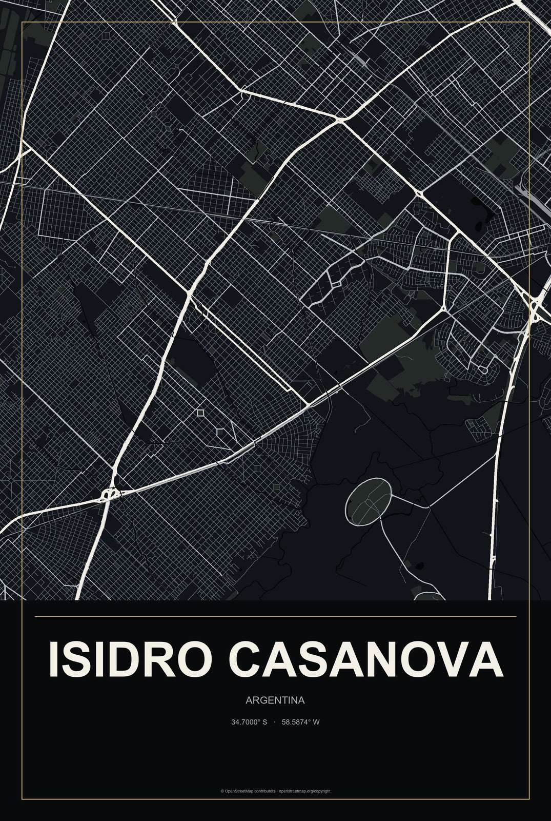 Isidro Casanova, Argentina City Map Aluminum Sign in Metropolitan Noir style
