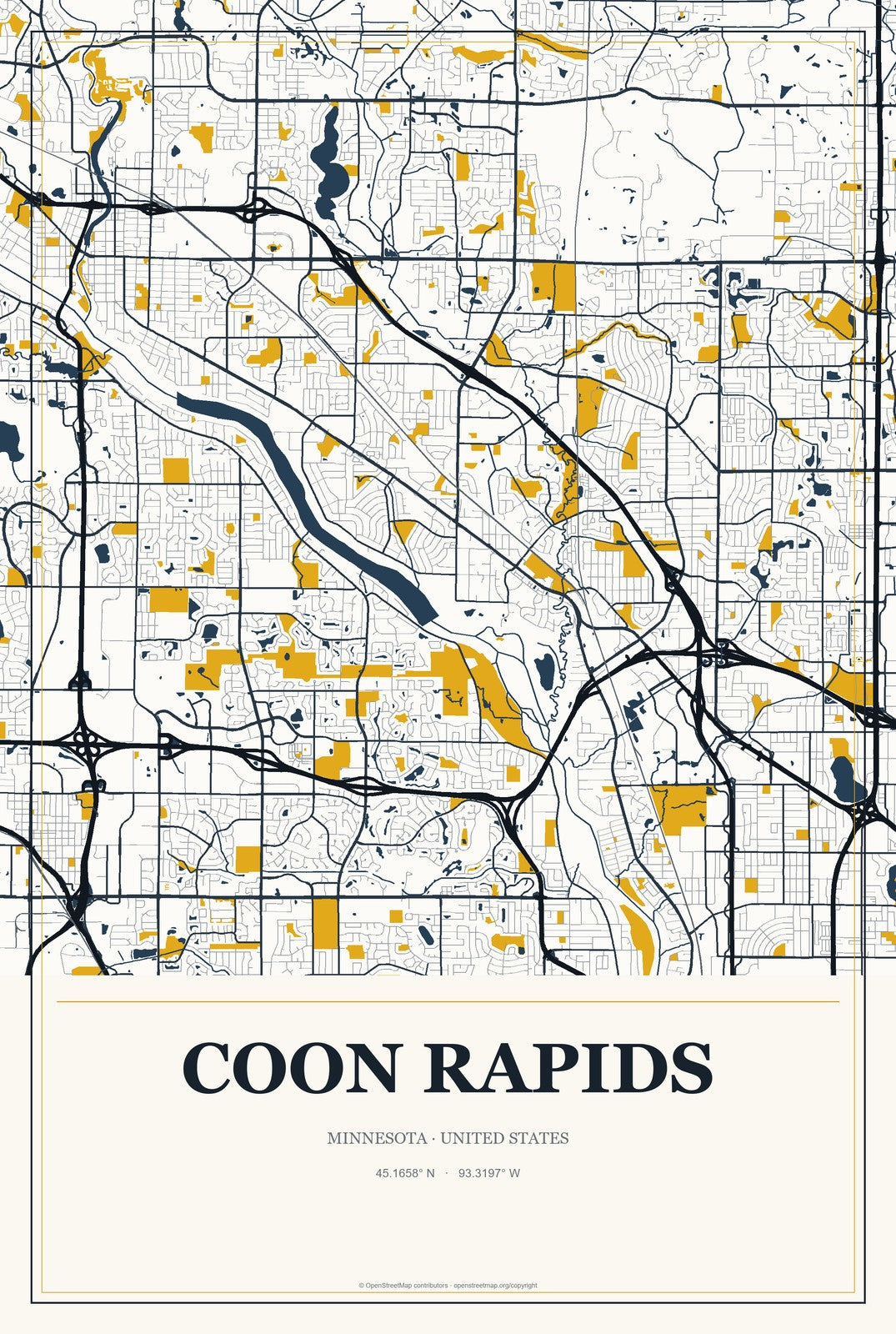Coon Rapids, Minnesota City Map Aluminum Sign in Citrine Modern style