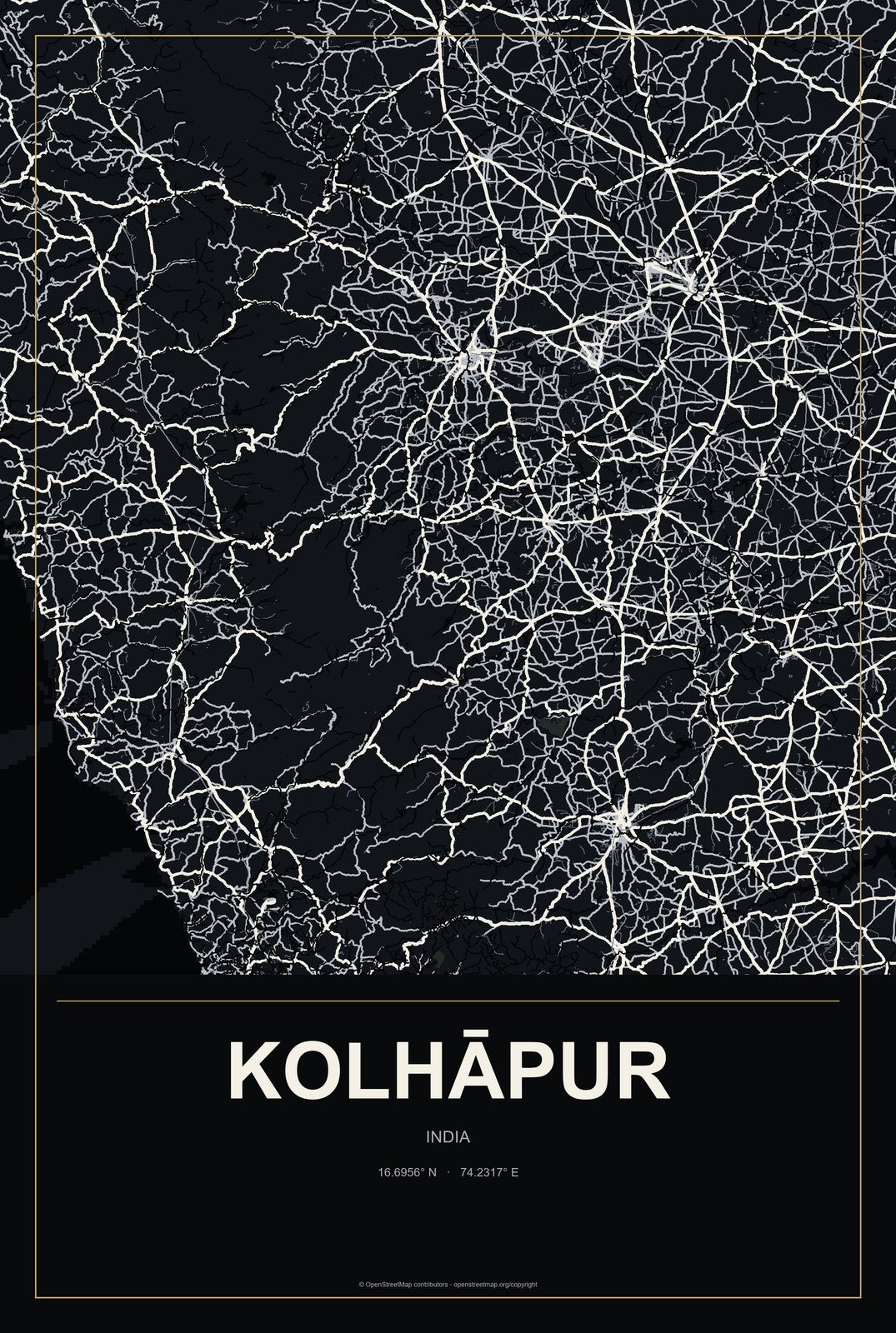 Kolhāpur, India City Map Aluminum Sign in Metropolitan Noir style