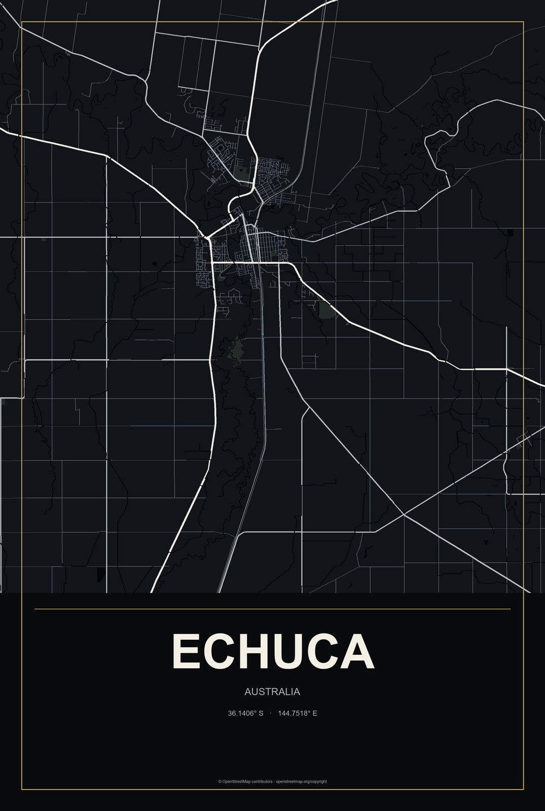 Echuca, Australia City Map Aluminum Sign in Metropolitan Noir style