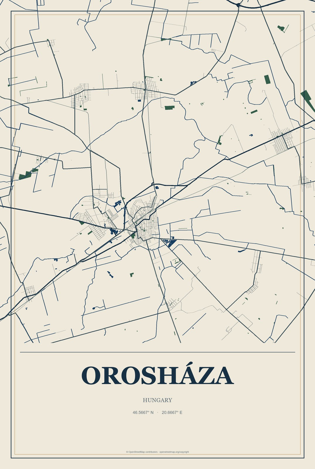 Orosháza, Hungary City Map Aluminum Sign in Coastal Cutout style