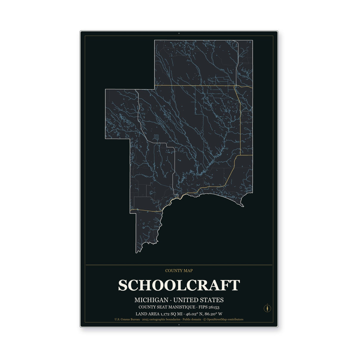 Schoolcraft County, Michigan Map Aluminum Sign in Metropolitan Noir style