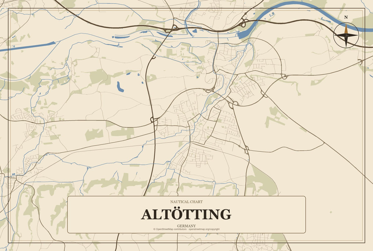 Altötting, Germany City Map Aluminum Sign in Heritage Nautical style