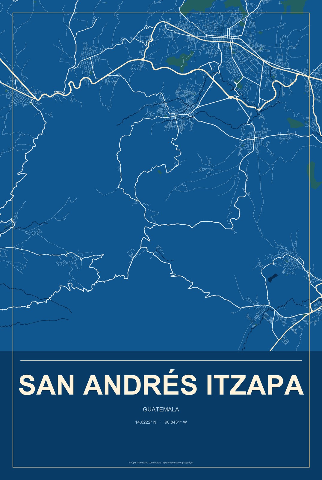 San Andrés Itzapa, Guatemala City Map Aluminum Sign in Harbor Cobalt style