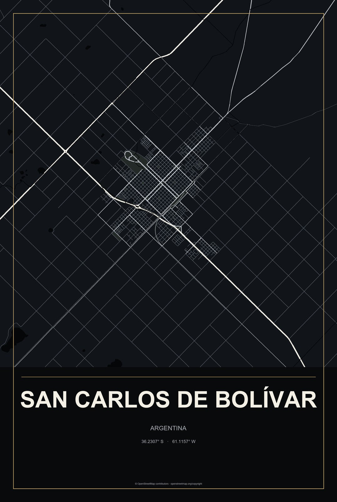 San Carlos de Bolívar, Argentina City Map Aluminum Sign in Metropolitan Noir style