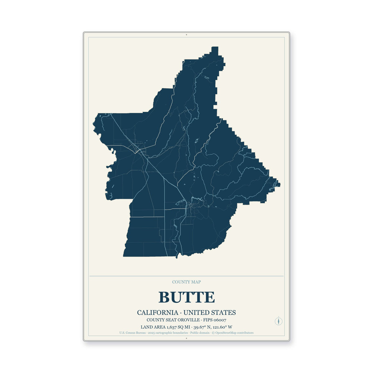 Butte County, California Map Aluminum Sign in Coastal Cutout style