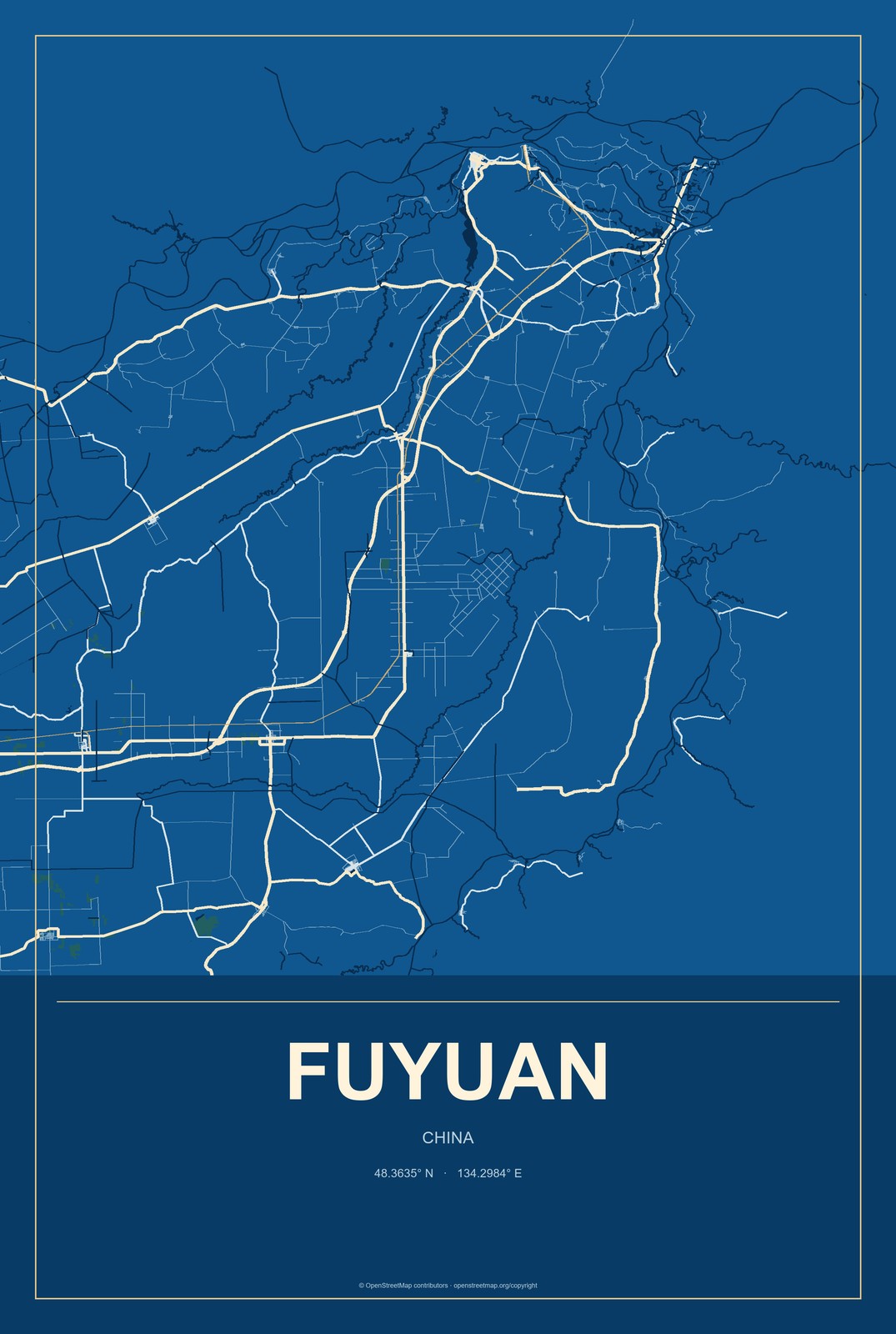 Fuyuan, China City Map Aluminum Sign in Harbor Cobalt style
