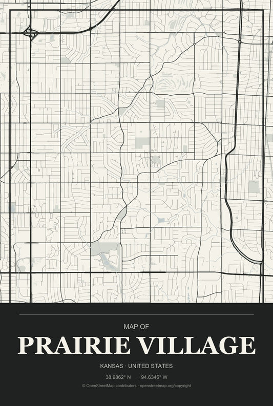 Prairie Village, Kansas City Map Aluminum Sign in Museum Plaque style