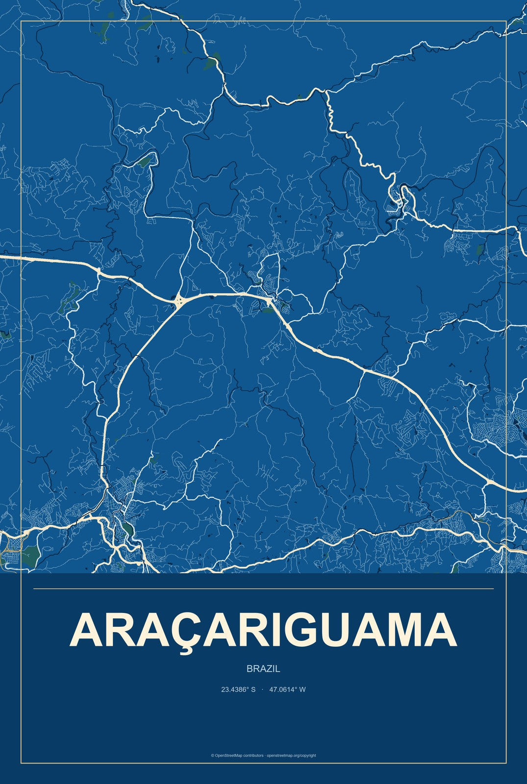 Araçariguama, Brazil City Map Aluminum Sign in Harbor Cobalt style