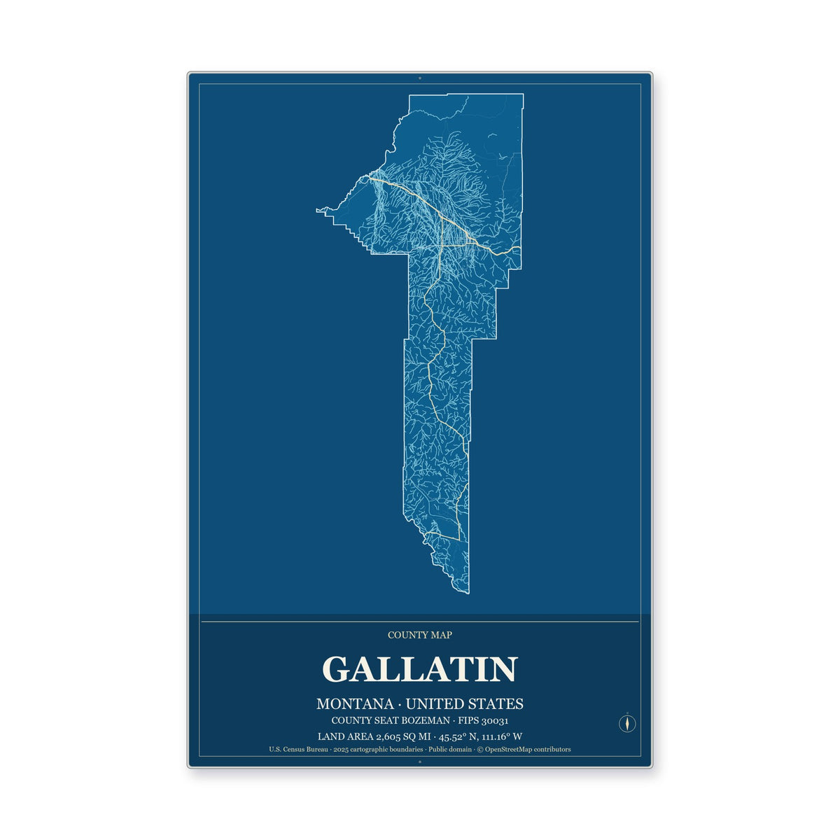 Gallatin County, Montana Map Aluminum Sign in Harbor Cobalt style
