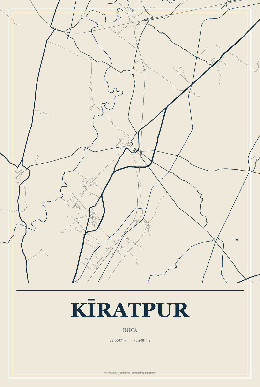 Kīratpur, India City Map Aluminum Sign in Coastal Cutout style