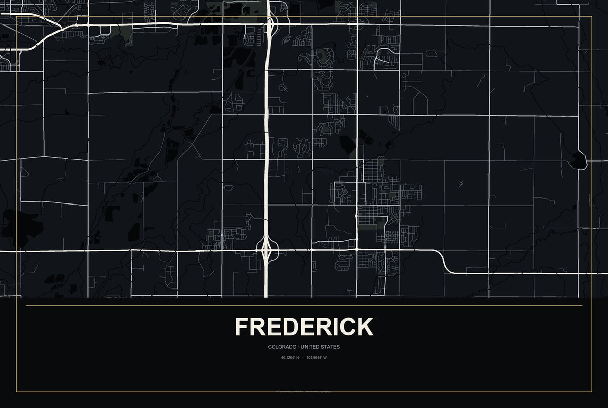 Frederick, Colorado City Map Aluminum Sign in Metropolitan Noir style