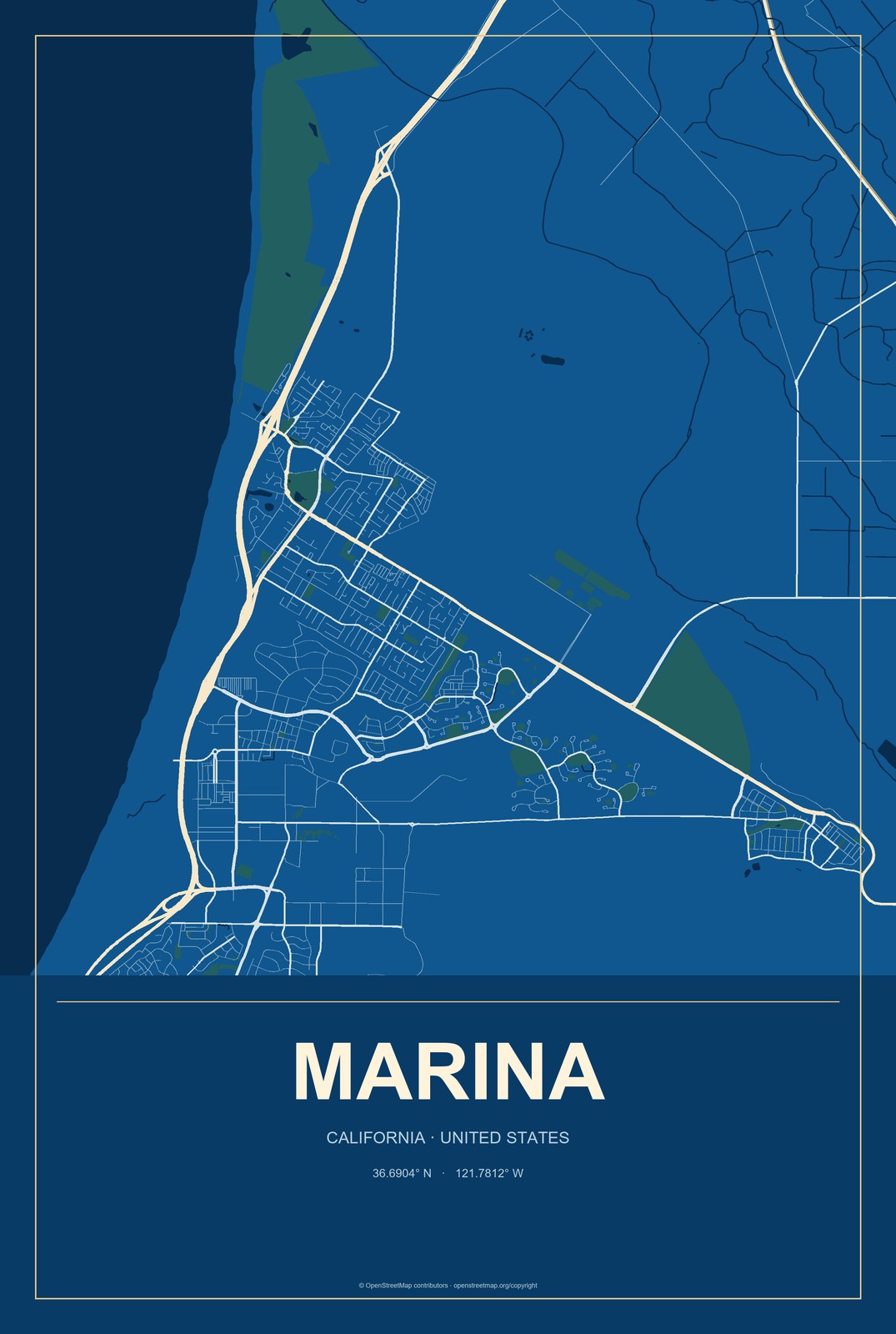 Marina, California City Map Aluminum Sign in Harbor Cobalt style