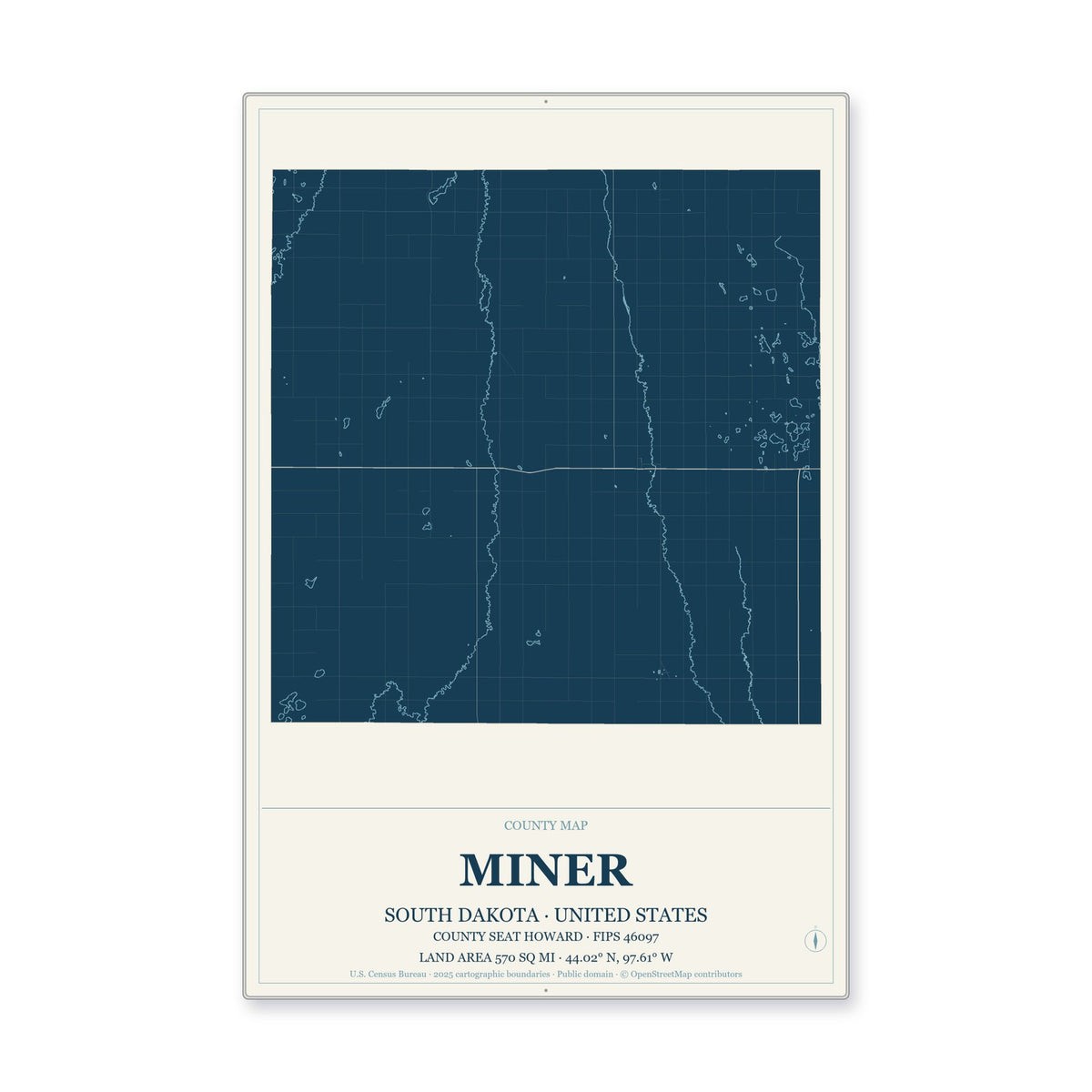 Miner County, South Dakota Map Aluminum Sign in Coastal Cutout style