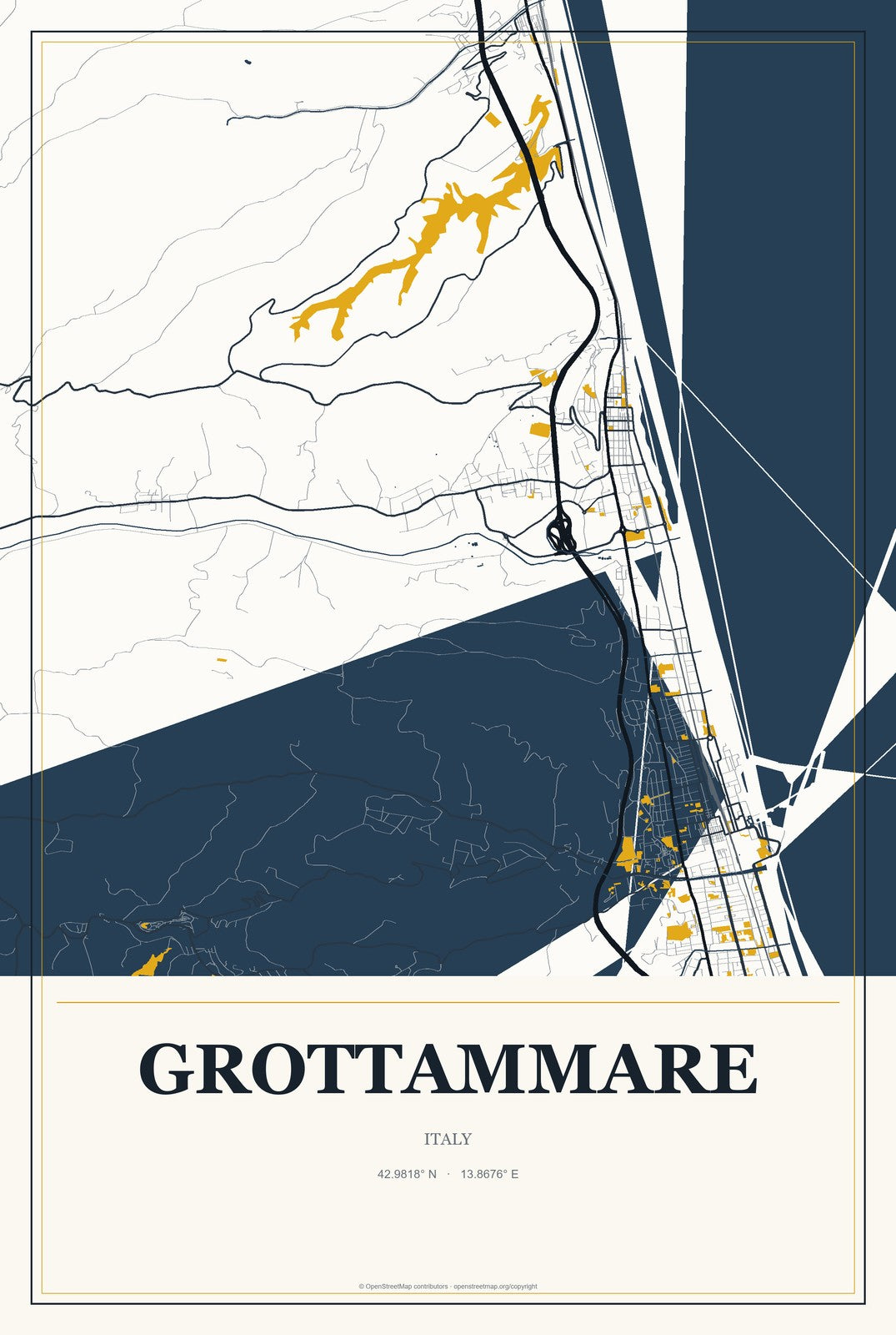Grottammare, Italy City Map Aluminum Sign in Citrine Modern style