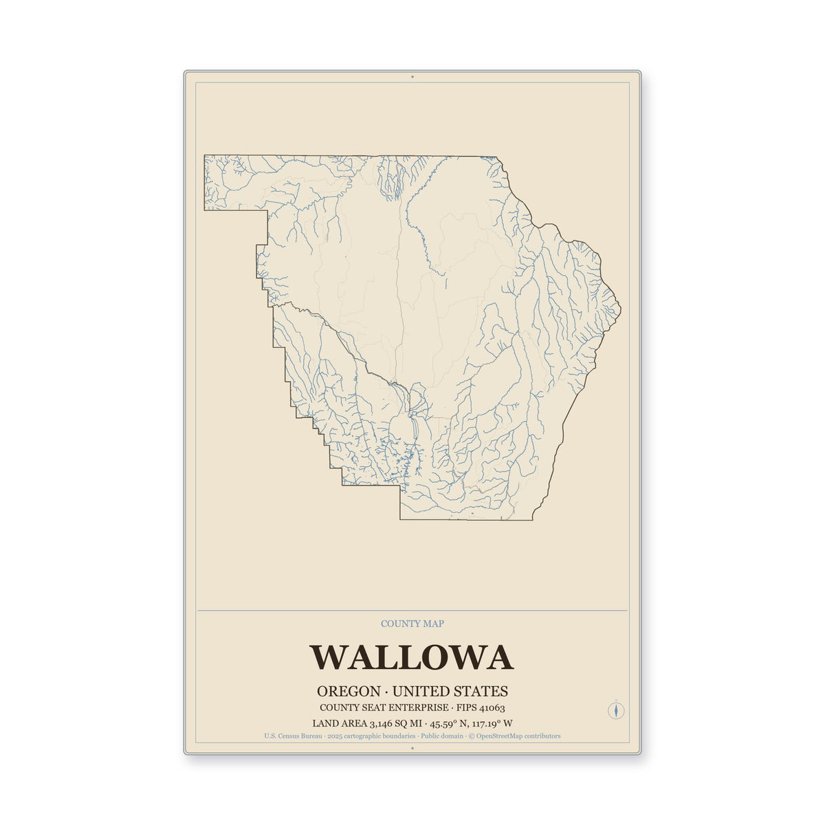 Wallowa County, Oregon Map Aluminum Sign in Heritage Nautical style