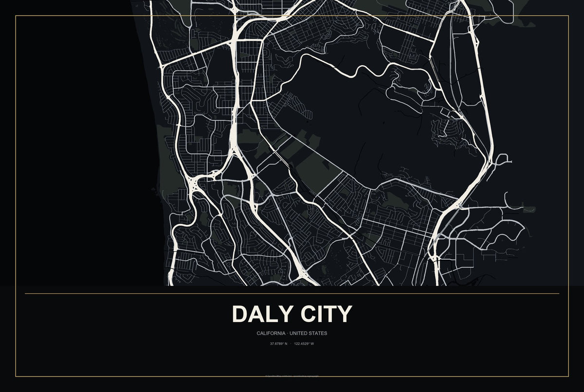 Daly City, California City Map Aluminum Sign in Metropolitan Noir style