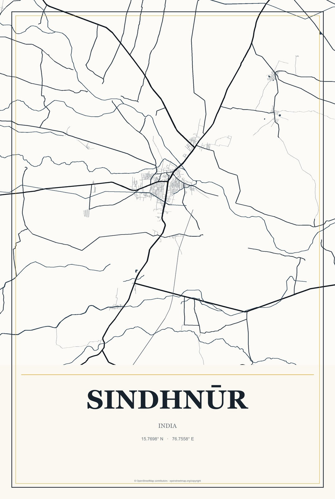 Sindhnūr, India City Map Aluminum Sign in Citrine Modern style