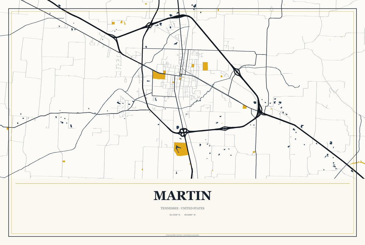 Martin, Tennessee City Map Aluminum Sign in Citrine Modern style