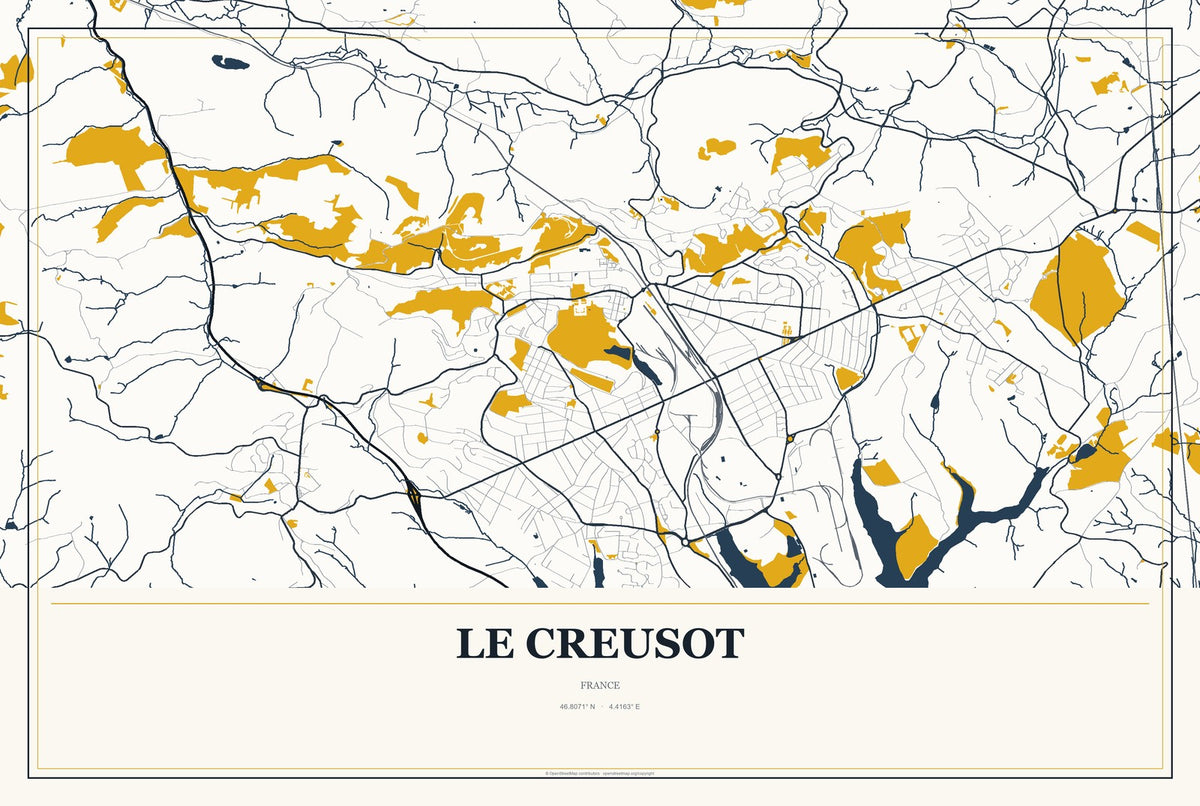 Le Creusot, France City Map Aluminum Sign in Citrine Modern style