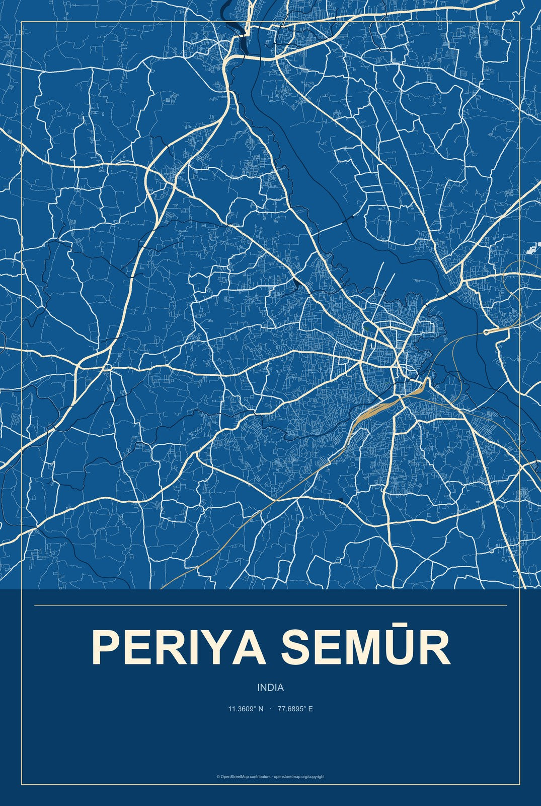 Periya Semūr, India City Map Aluminum Sign in Harbor Cobalt style