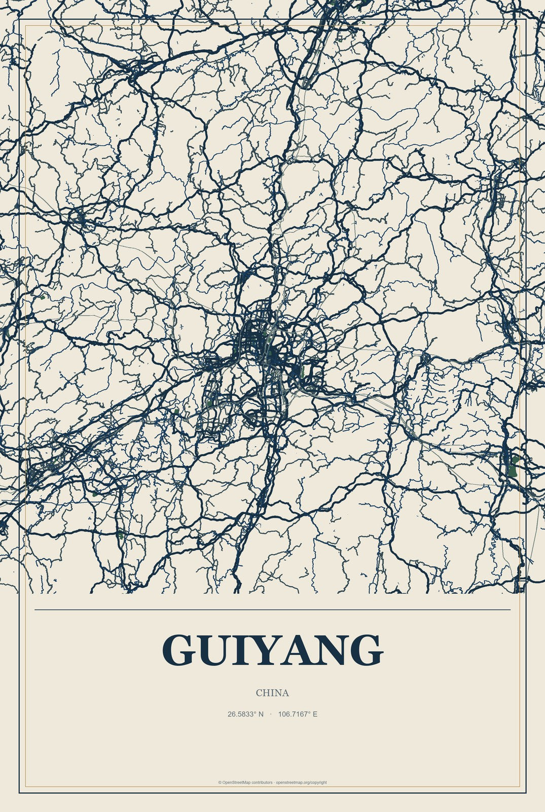 Guiyang, China City Map Aluminum Sign in Coastal Cutout style