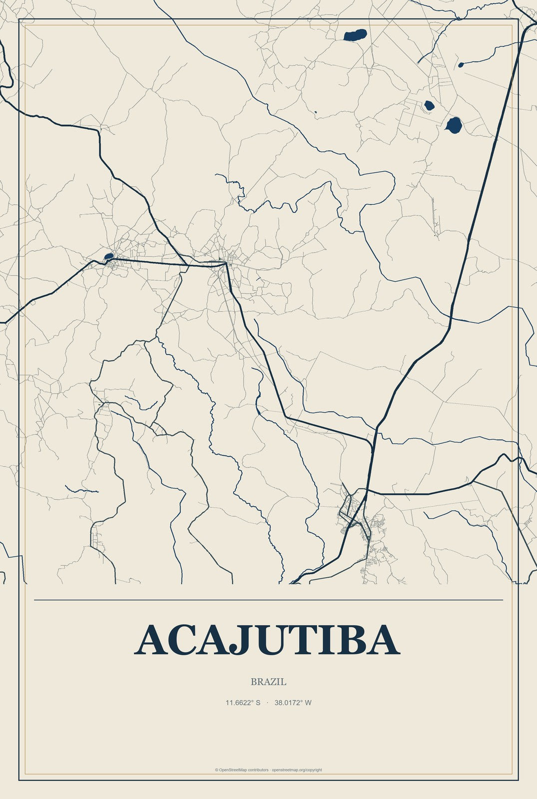 Acajutiba, Brazil City Map Aluminum Sign in Coastal Cutout style