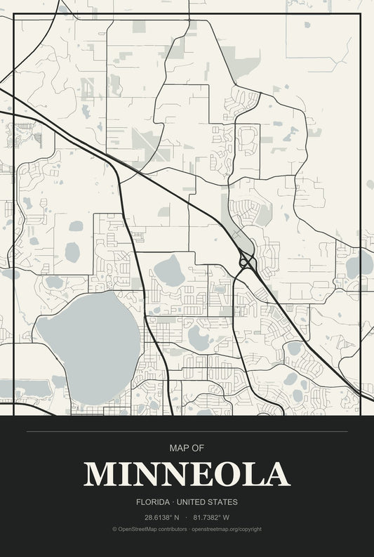 Minneola, Florida City Map Aluminum Sign in Museum Plaque style
