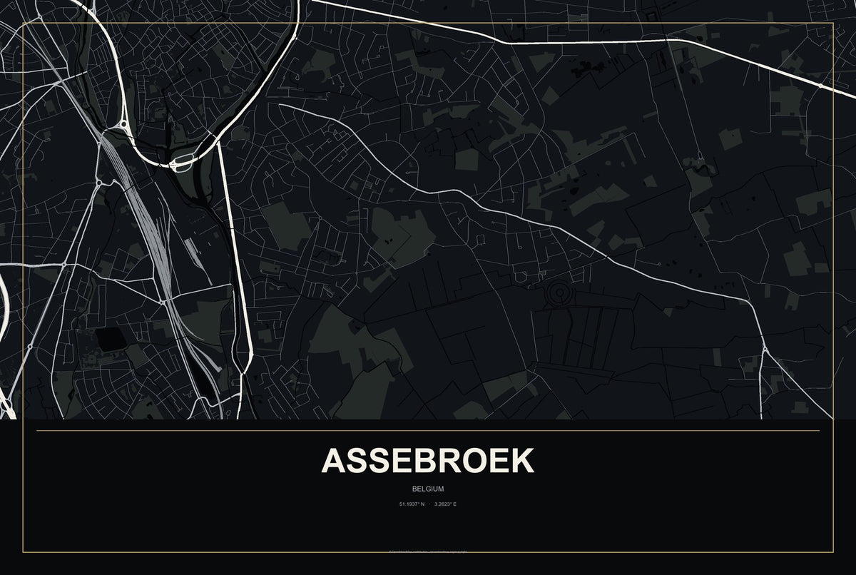Assebroek, Belgium City Map Aluminum Sign in Metropolitan Noir style