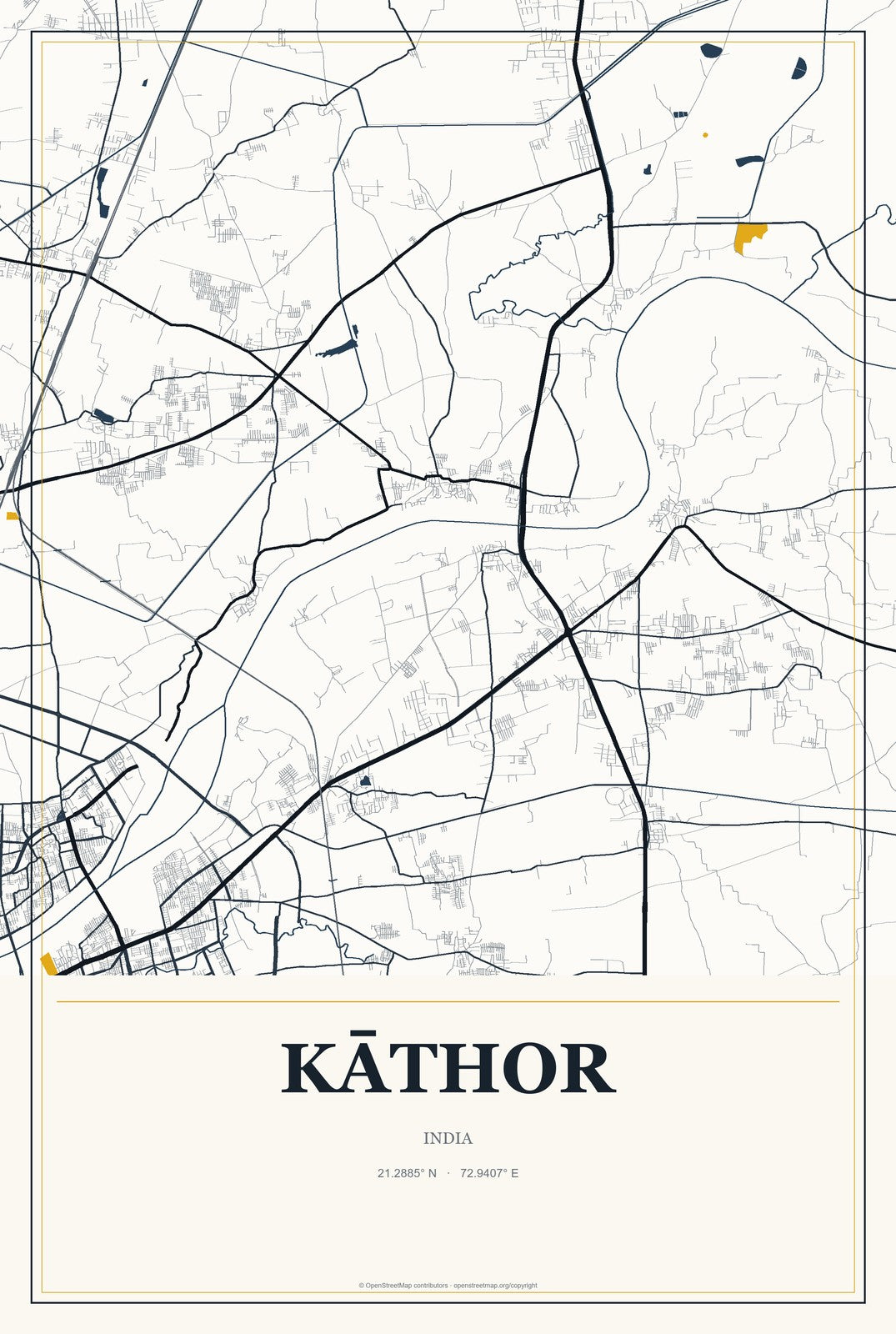 Kāthor, India City Map Aluminum Sign in Citrine Modern style