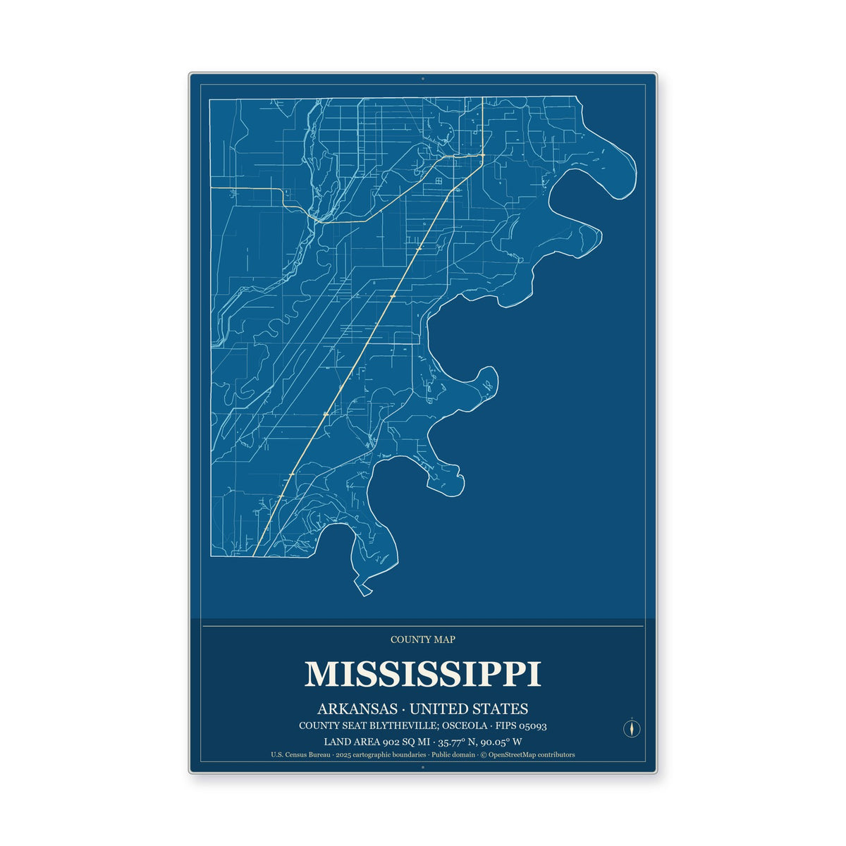 Mississippi County, Arkansas Map Aluminum Sign in Harbor Cobalt style