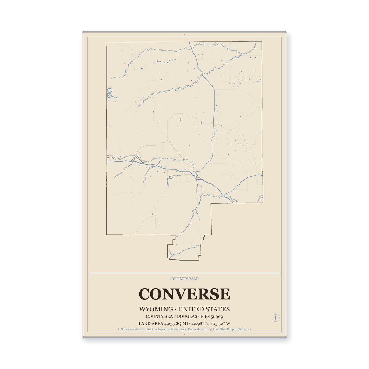 Converse County, Wyoming Map Aluminum Sign in Heritage Nautical style