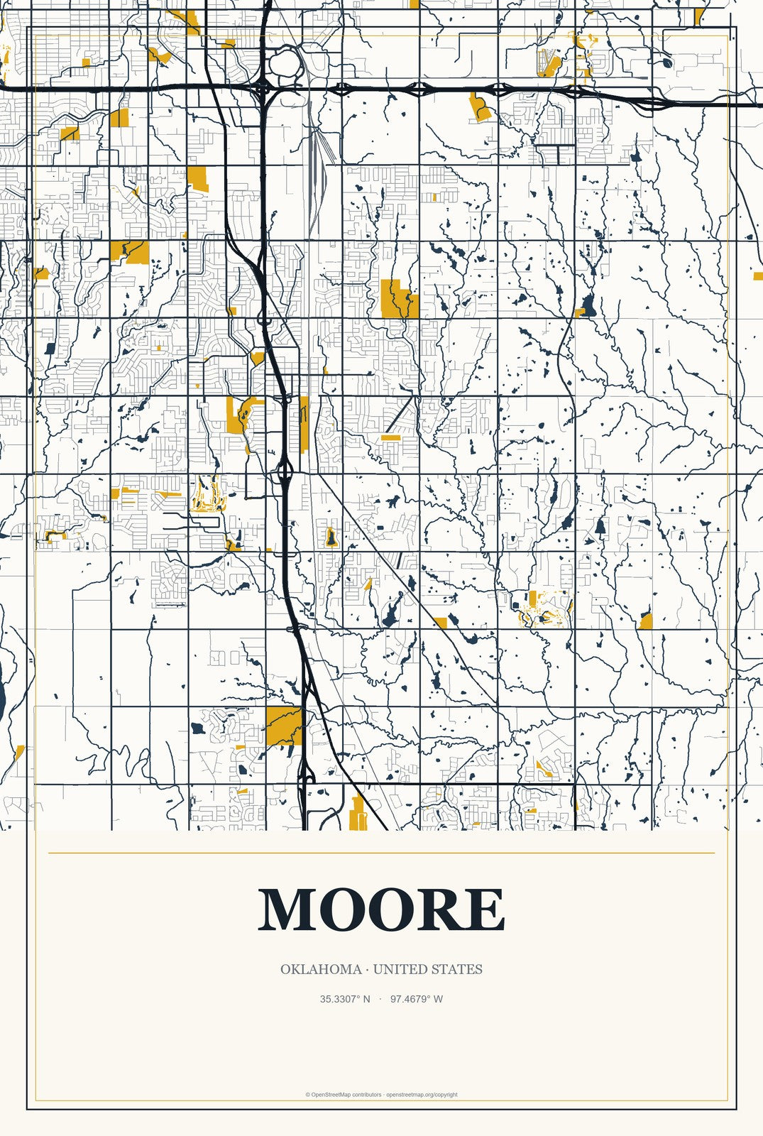 Moore, Oklahoma City Map Aluminum Sign in Citrine Modern style