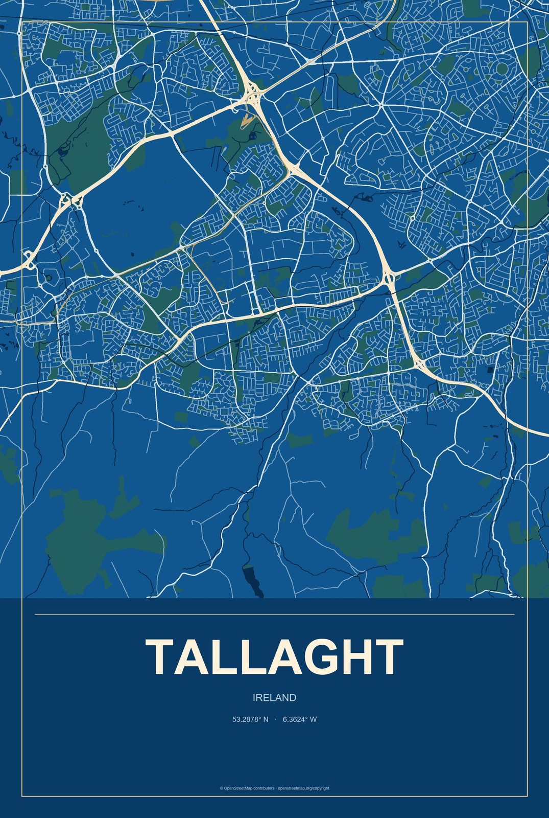 Tallaght, Ireland City Map Aluminum Sign in Harbor Cobalt style