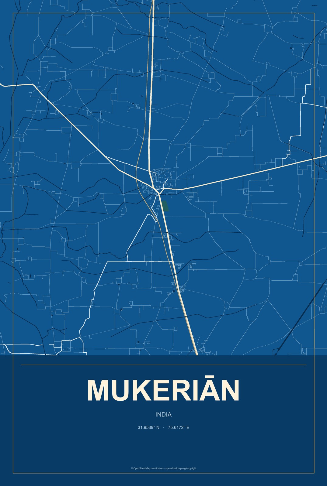 Mukeriān, India City Map Aluminum Sign in Harbor Cobalt style