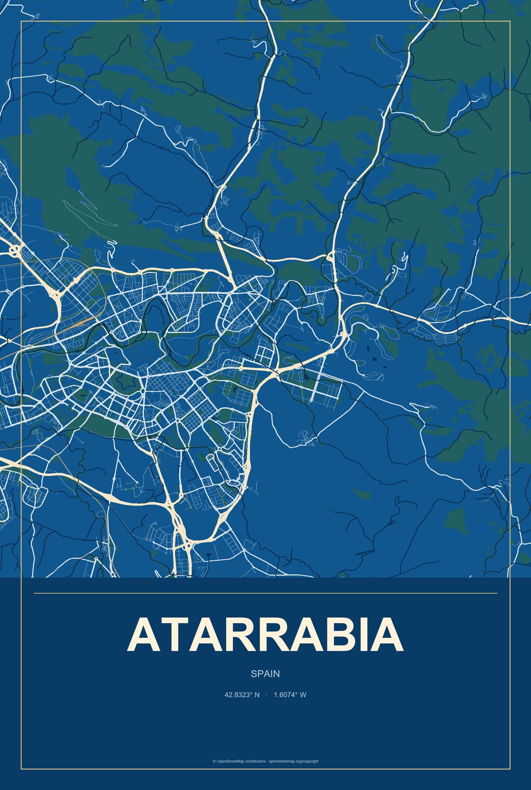Atarrabia, Spain City Map Aluminum Sign in Harbor Cobalt style