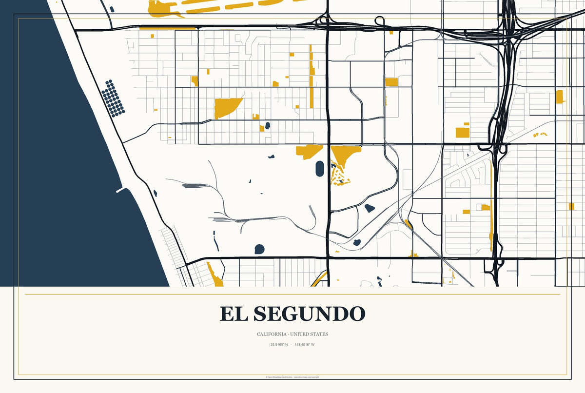 El Segundo, California City Map Aluminum Sign in Citrine Modern style