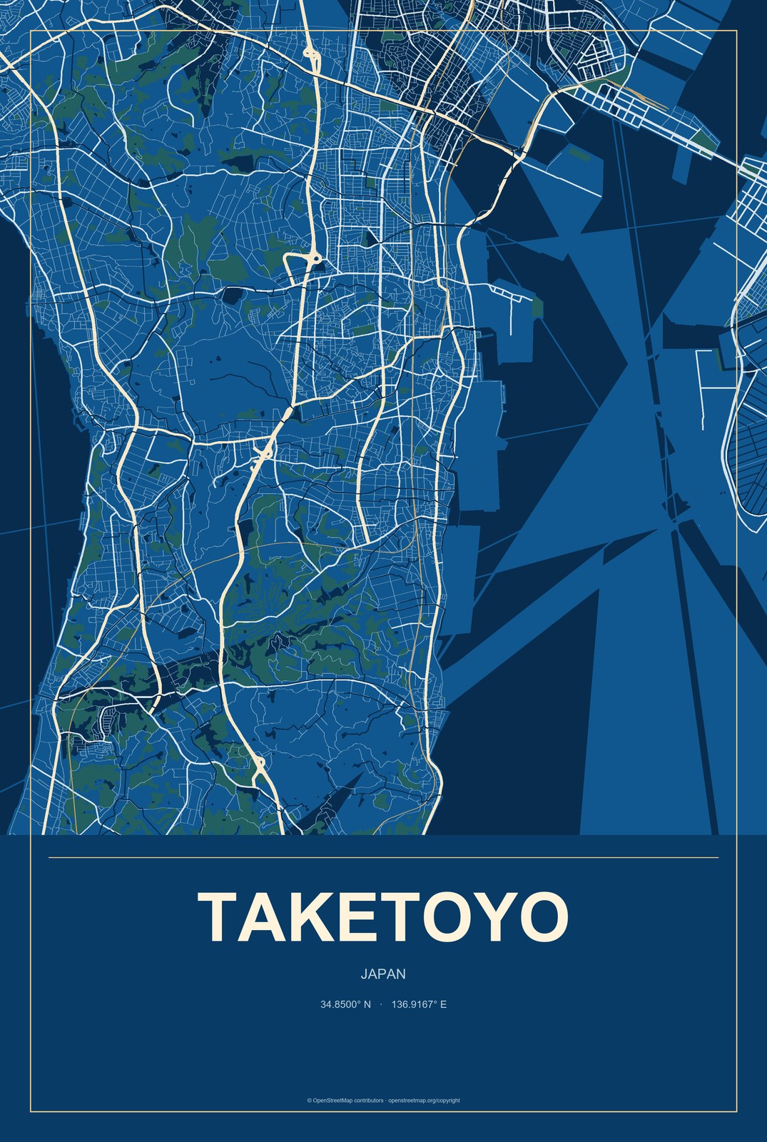 Taketoyo, Japan City Map Aluminum Sign in Harbor Cobalt style